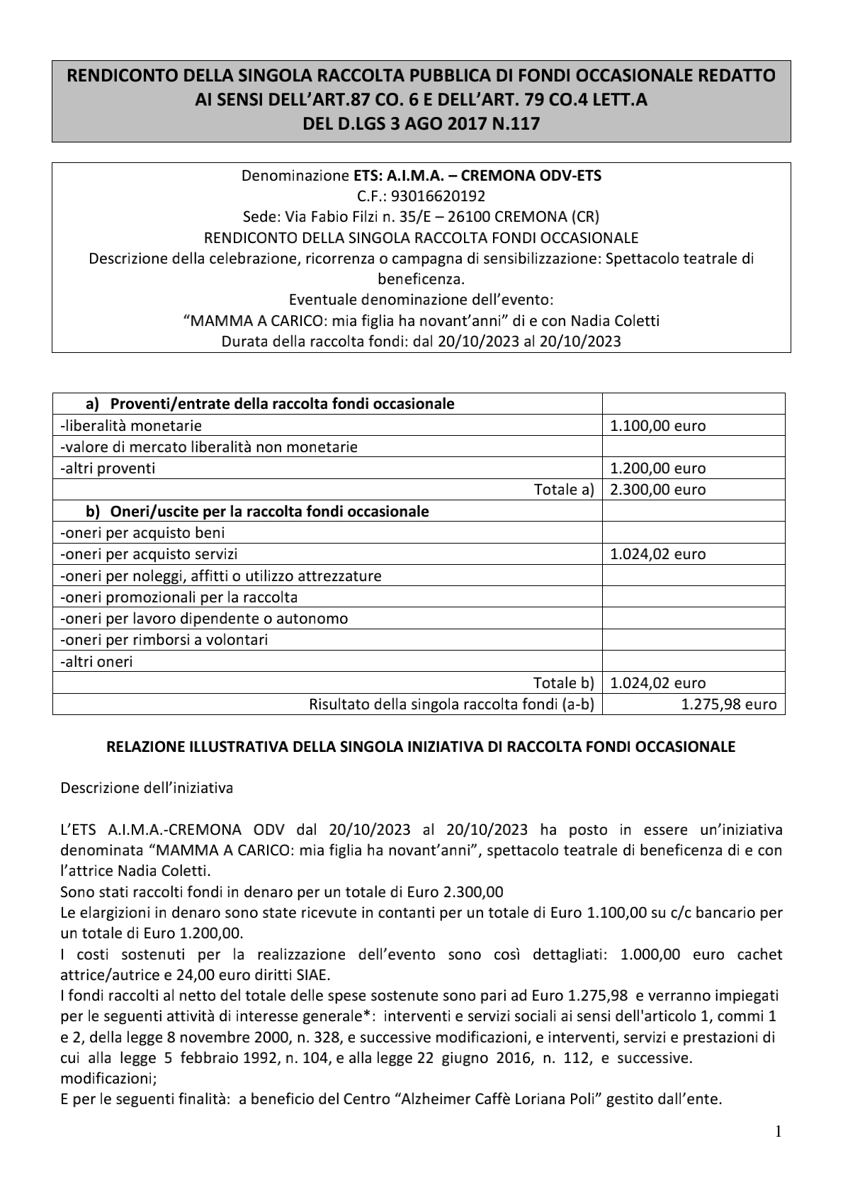 Relazione raccolta fondi